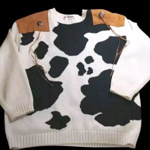 Outlander Wool Sweater Med Cow Print Silver Concho Fringed Suede Patches Vtg 80s